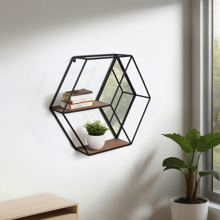 Metal/wood 20" Hexagon Mirrored Wall Shelf