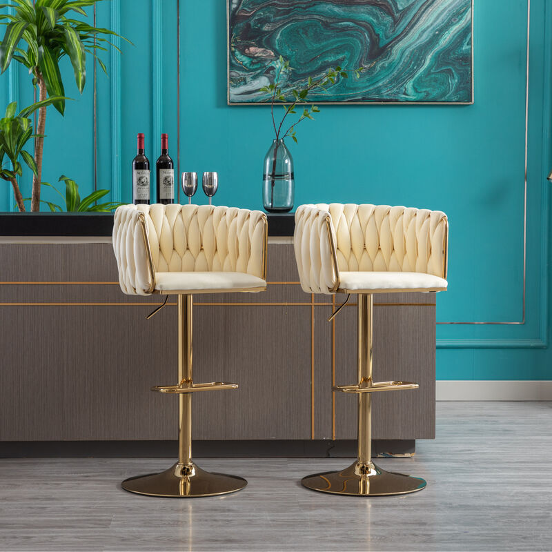 Set of 2 Bar Stools, with Chrome Footrest and Base Swivel Height Adjustable Mechanical Lifting Velvet + Golden Leg Simple Bar Stoo, Ivory