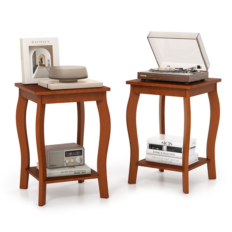 Set of 2 15 Inch 2-Tier Square End Table with Storage Shelf - Walnut
