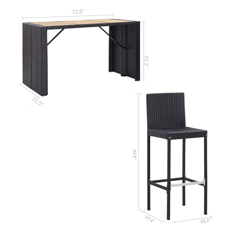 7pc Outdoor Bar Table and 6 Chairs Set, White Cushions, Black Rattan - Benzara