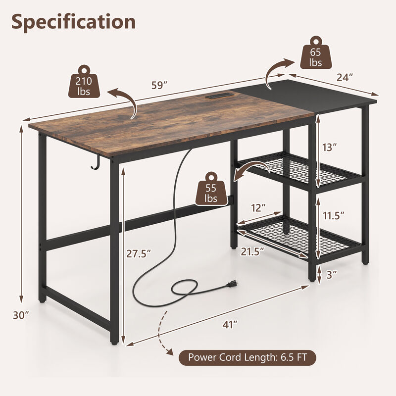 59 Inch Home Office Computer Desk with Removable Storage Shelves-Rustic Brown