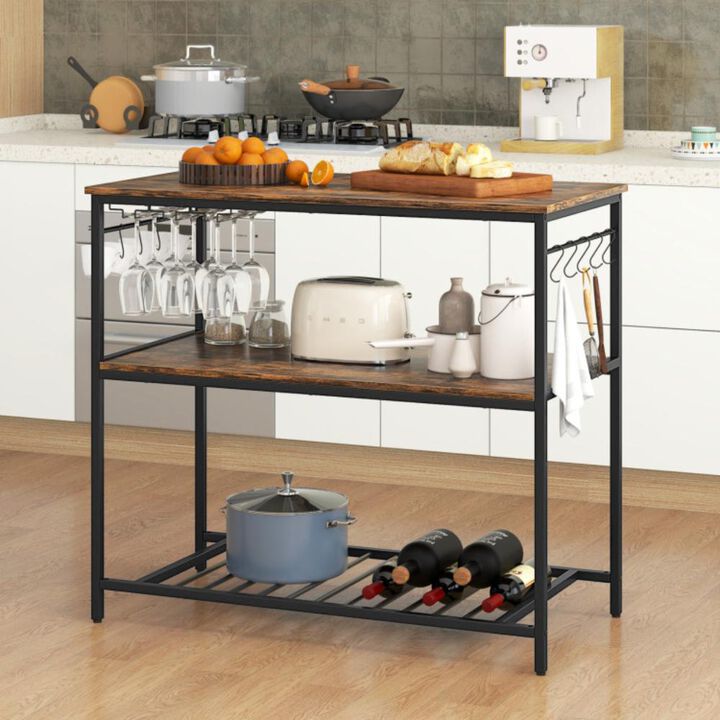 Hivvago 3 Shelves Kitchen Island Industrial Prep Table with Bottom Wine Rack-Rustic Brown