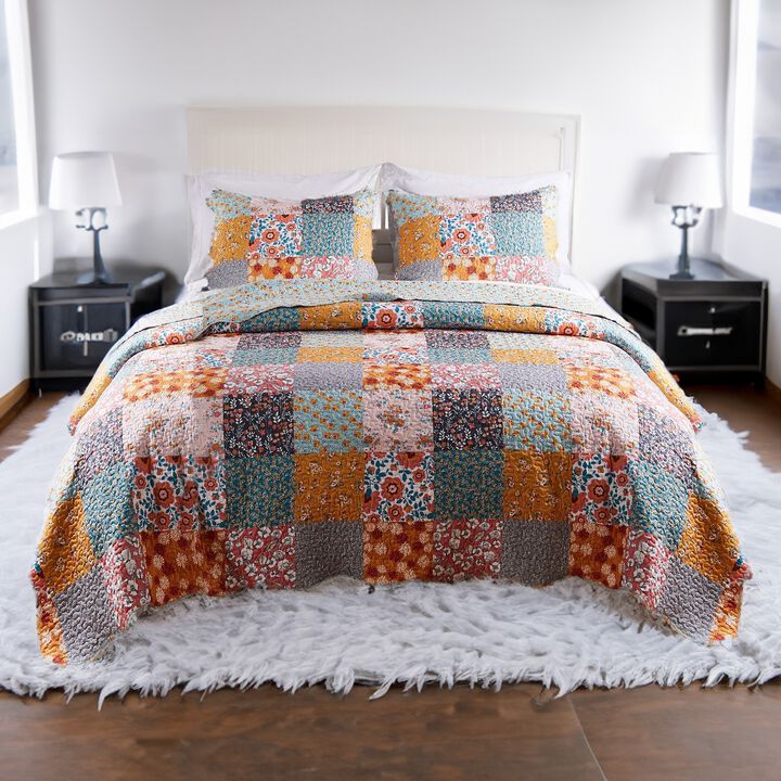 2 Piece Twin Quilt Set with Floral Print, Multicolor - Benzara