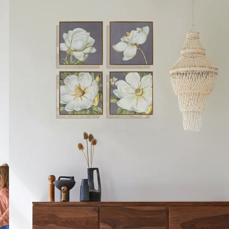 Nia 20 x 20 Flower Wall Art Set of 4, White, Green Microfiber, Pine Wood - Benzara
