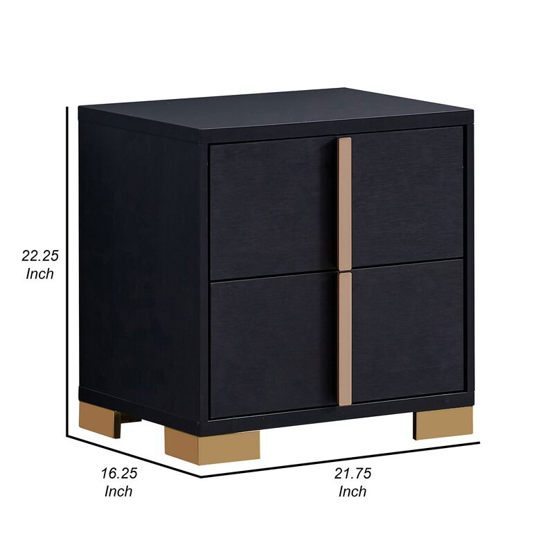Dex 22 Inch Nightstand, 2 Drawers with Long Vertical Gold Handles, Black - Benzara