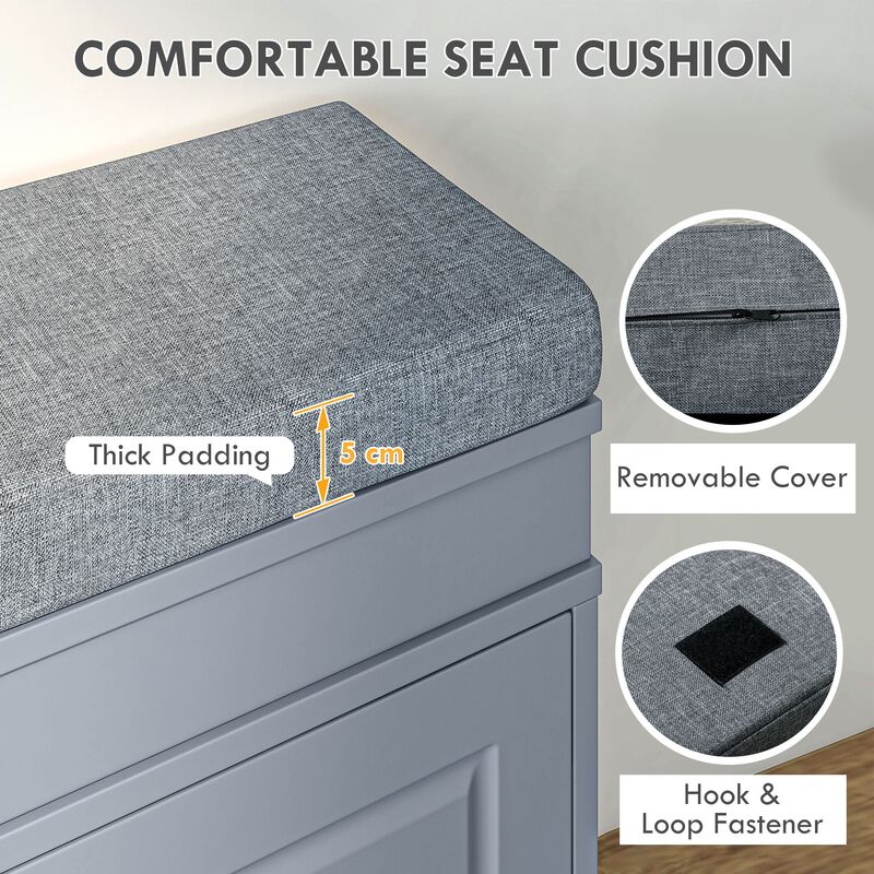 Gray Entryway Shoe Bench: 2 Drawers, Cushion, 8-Pair Capacity