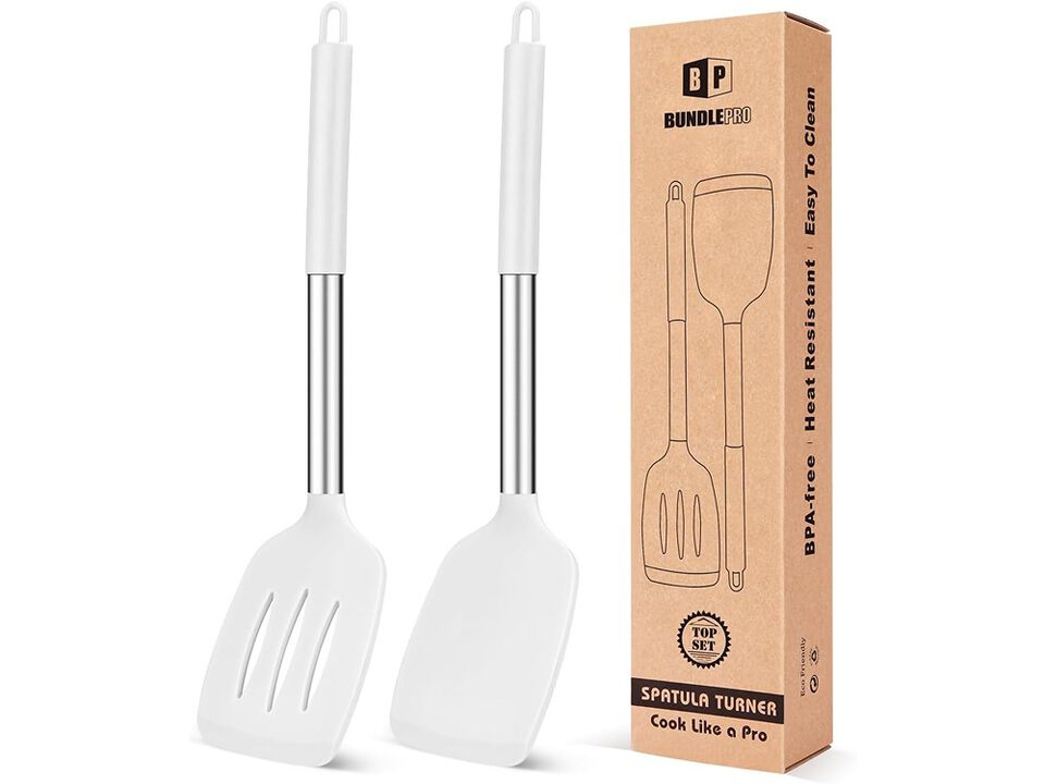 BUNDLEPRO Pack of 2 Silicone Solid Turner, Non Stick Slotted Kitchen Spatulas