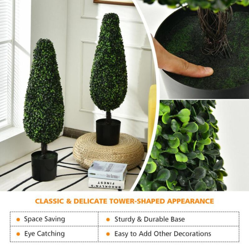 Hivvago 2 Pack 3 Feet Artificial Tower UV Resistant Indoor Outdoor Topiary Tree