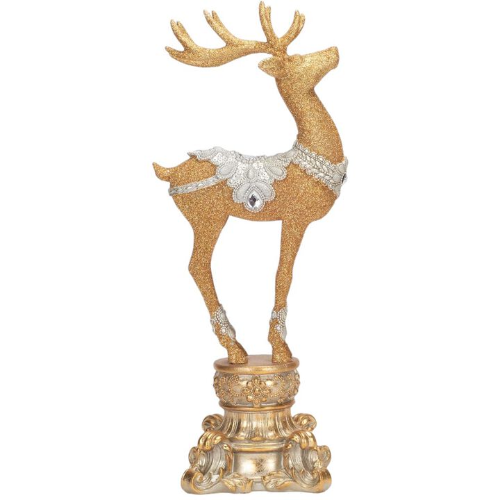 18-Inch Resin Jeweled Old World Deer on Pedestal: Elegant Holiday Decoration with Vintage Charm