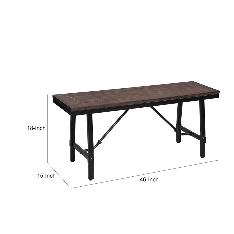Industrial Wood and Metal Bench with Tube Leg Support, Brown and Black-Benzara