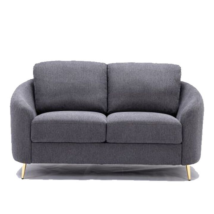 Nial 60 Inch Loveseat, Linen Upholstery, Pine Wood, Smooth Gray, Gold Legs - Benzara
