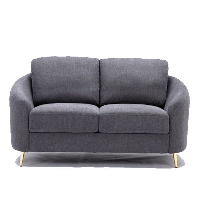 Nial 60 Inch Loveseat, Linen Upholstery, Pine Wood, Smooth Gray, Gold Legs - Benzara