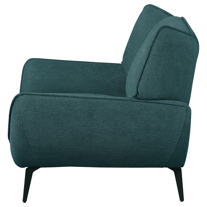Toer 43 Inch Accent Sofa Chair, Flared Arms, Teal Blue Fabric, Black Metal - Benzara