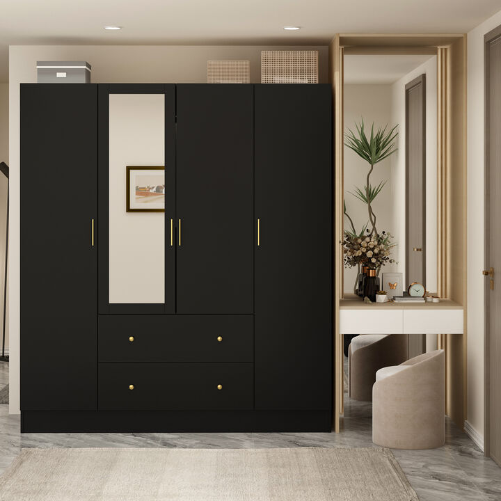 4 Door Wardrobe Armoire Closet with Mirror Door and Shelves, Armoire Wardrobe Closet with 2 Hanging Rods, Armoires and Wardrobes with 2 Drawers,  63”W x 19.7”D x 70.9”H