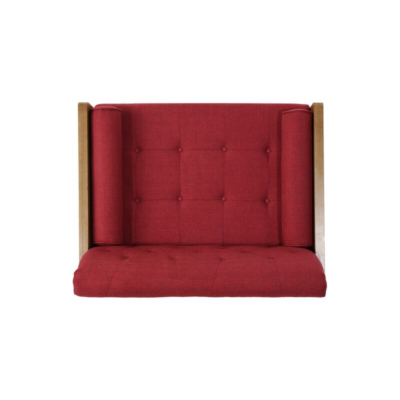 Lita Wide Accent Club Chair, Button Tufted, Red Fabric, Brown Frame - Benzara
