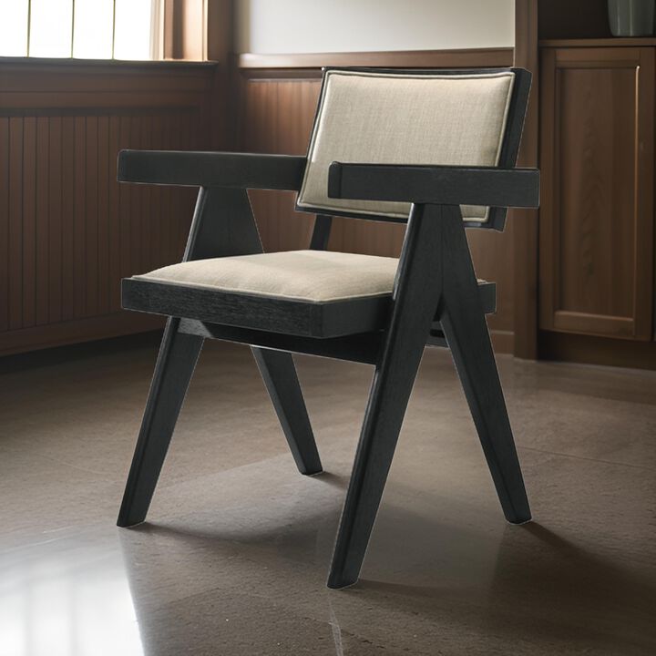 Bili 21 Inch Dining Armchair Set of 2, Open Back, Beige Upholstery, Black - Benzara