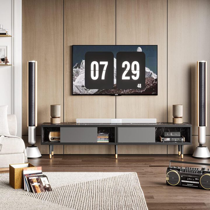 2 in 1 Long TV Cabinet for Living Room for 85 inch tv,Black Marble