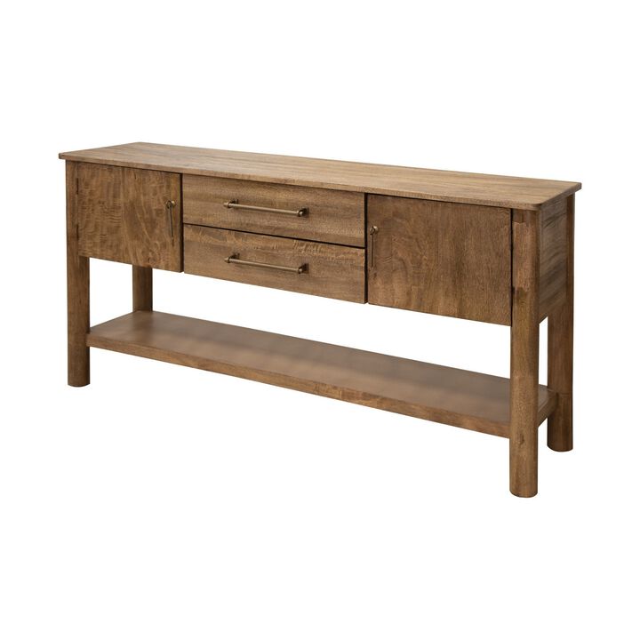 Olum 60 Inch Sofa Table, 2 Drawers, Lower Shelf, Solid Mango Wood, Brown - Benzara