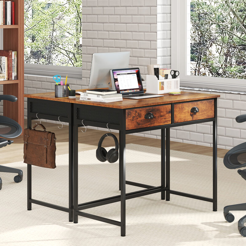 Space-Saving Home Office Desk with 2 Fabric Drawers and 4 Hanging Hooks for Storage