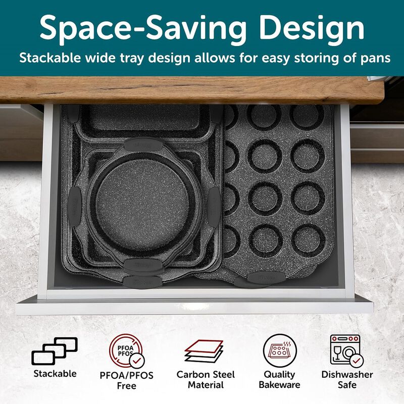 6-Piece Nonstick Gray Marble Coated Bakeware Set - Professional Quality Carbon Steel Pans with Silicone Handles - Ideal for Oven, Refrigerator, Freezer - Dishwasher Safe