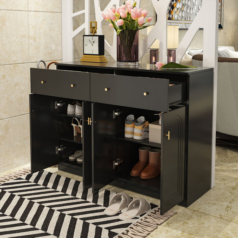 FUFU&GAGA Modern Black Shoe Storage with 2 Drawers & 4 Cabinet Doors, T-Shaped Door Design, Gold Handles, Adjustable Shelves (47.2" W x 35.4" H x 15.8" D), Black