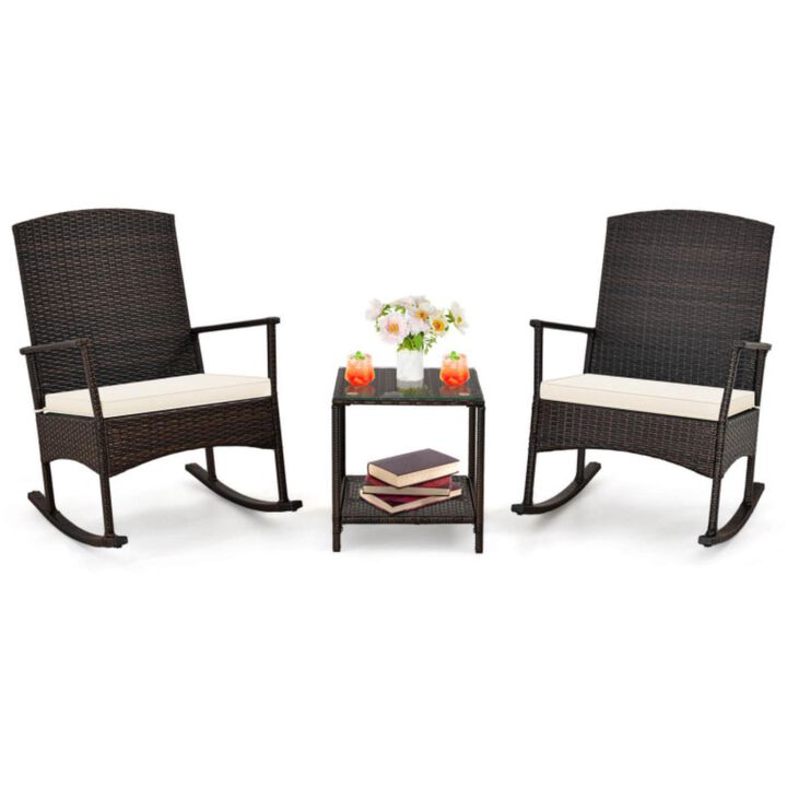 Hivvago 3 Piece Patio Rocking Set Wicker Rocking Chairs with 2-Tier Coffee Table