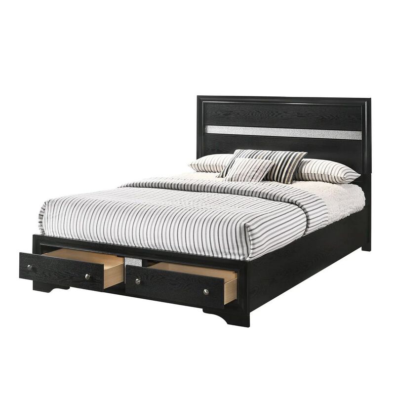 Benjara Regi King Size Bed, 2 Storage Drawers, Striped Headboard, Wood, Black and Silver