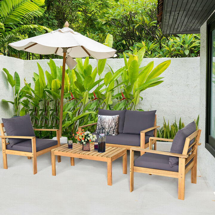 Outdoor 4 Pieces Acacia Wood Conversation Sets with Water Resistant Cushions