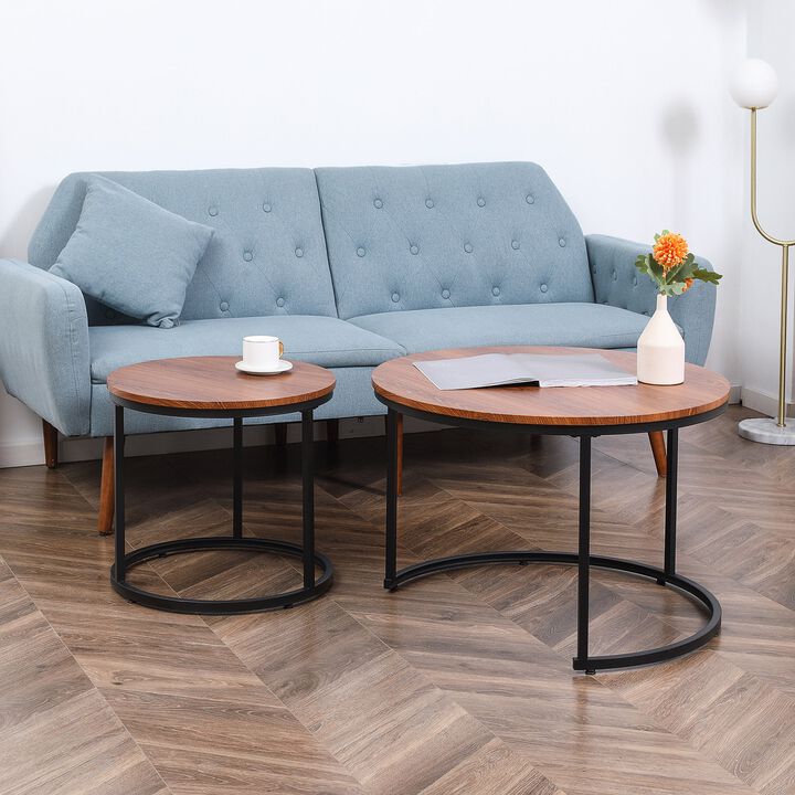 Dark Walnut Nesting Set: Round Coffee Tables with Metal Frame