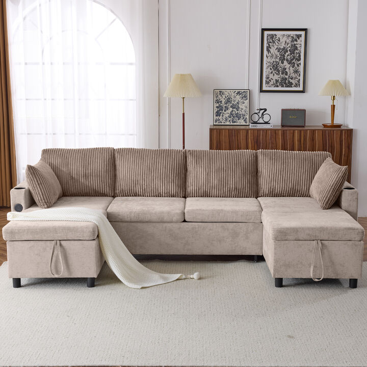 111.8" Sectional Sofa Pull-out Sofa Bed Versatile Sofa Sleeper with Large Storage Space, Two USB Ports and Two Cup Holders for Living Room