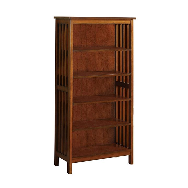 5 Tier Wooden Media Shelf with Slatted Side Panels, Oak Brown - Benzara