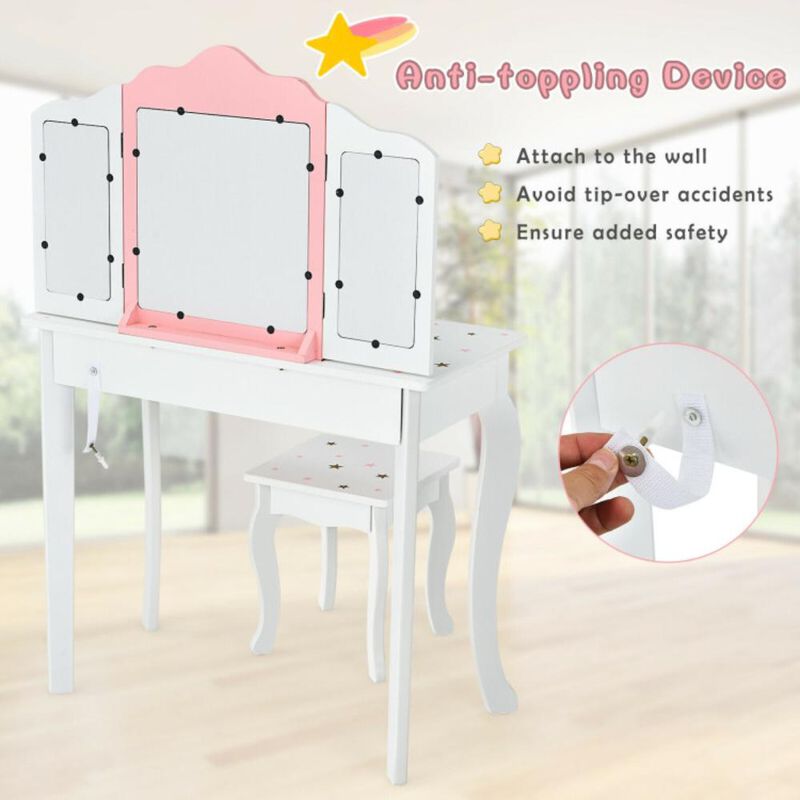 Hivvago Kids Princess Vanity Table and Stool Set with Tri-folding Mirror and Drawer
