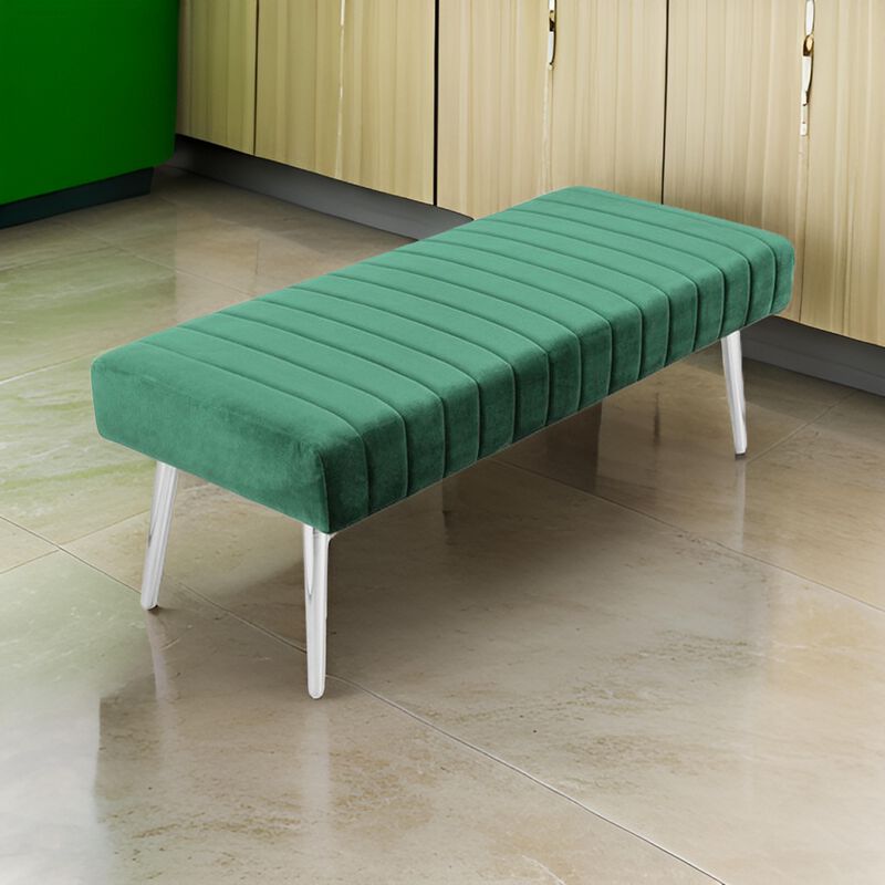 Lida 45 Inch Bench, Modern Tufted Lines, Green Soft Velvet, Chrome Metal - Benzara