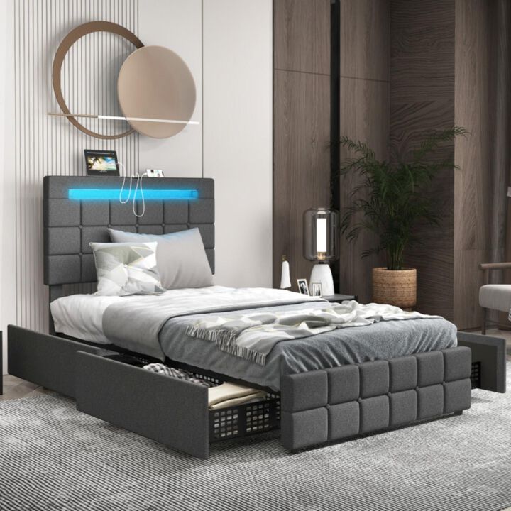 Hivvago Upholstered LED Bed Frame with Headboard and 4 Drawers