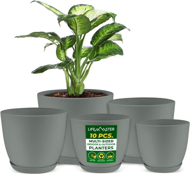 Planter Pots with Drainage Holes - Lightweight, Durable, and Space-Saving Pots for Indoor and Outdoor - Versatile Functionality, Simple Modern Design, Plastic Planter Pots