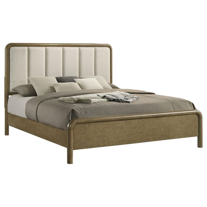 Deon Queen Bed, Vertical Channel Tufted Beige Boucle Upholstery, Brown - Benzara
