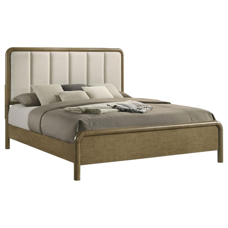 Deon Queen Bed, Vertical Channel Tufted Beige Boucle Upholstery, Brown - Benzara