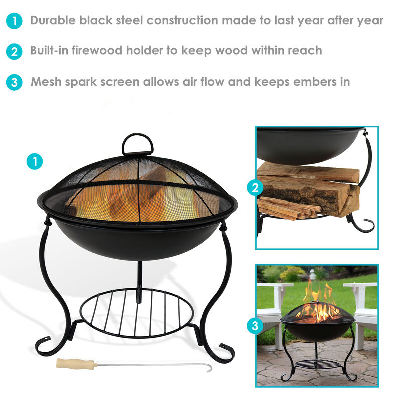 Sunnydaze 18 in Steel Fire Pit Bowl with Stand, Screen, Grate, and Poker
