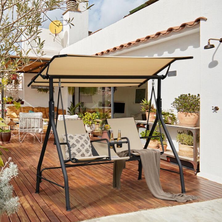 Hivvago 2-Seat Outdoor Cushioned Porch Swing with Adjustable Canopy and Tempered Glass Table-Beige