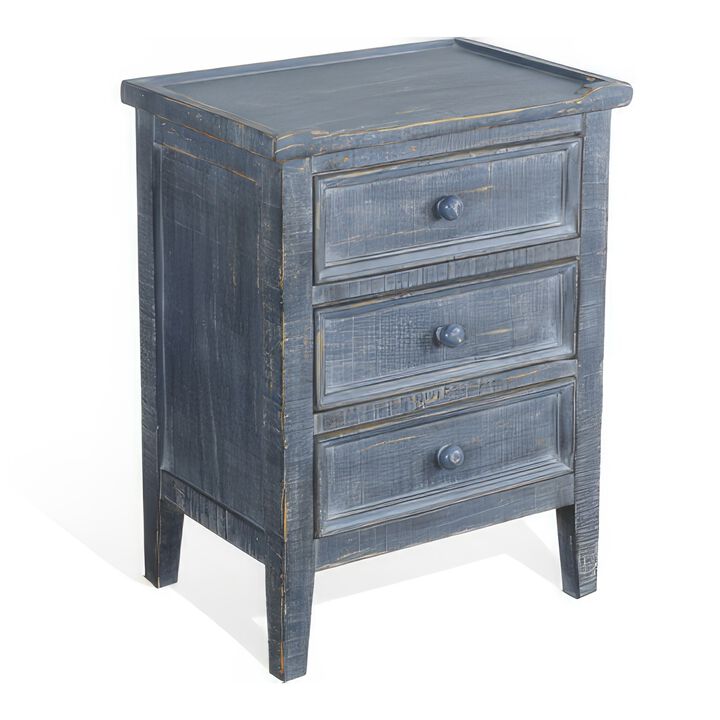 Rena Side End Table with 3 Drawers, 19 Inch Rustic Blue Mahogany Wood - Benzara