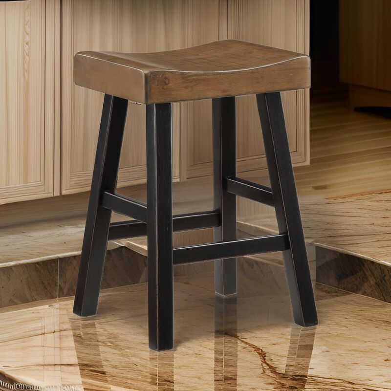 Casy 25 Inch Counter Height Stool, Brown Saddle Seat, Black, Set of 2 - Benzara