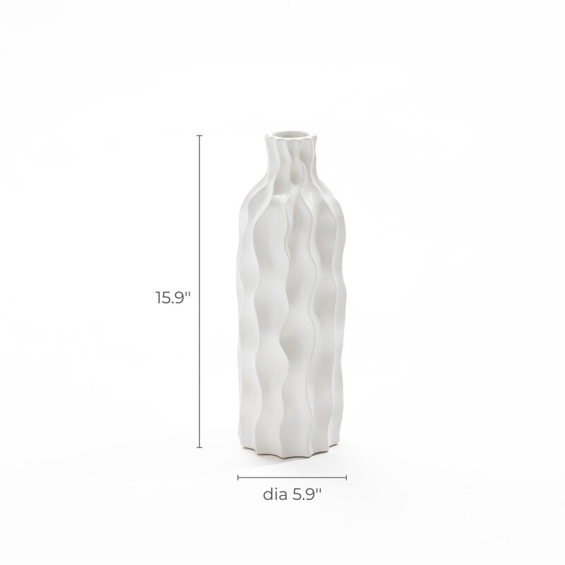 LuxenHome White Waves Ceramic 15.75-Inch Tall Round Vase