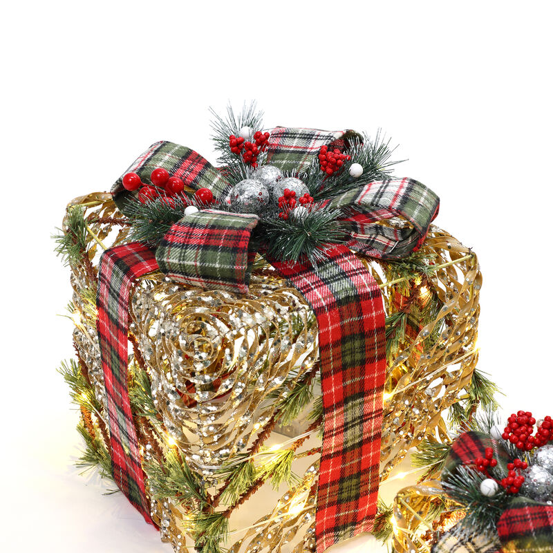 LuxenHome 3-Piece Artificial Pine Branches Giftbox Holiday Decoration Set with Battery Operated Lights