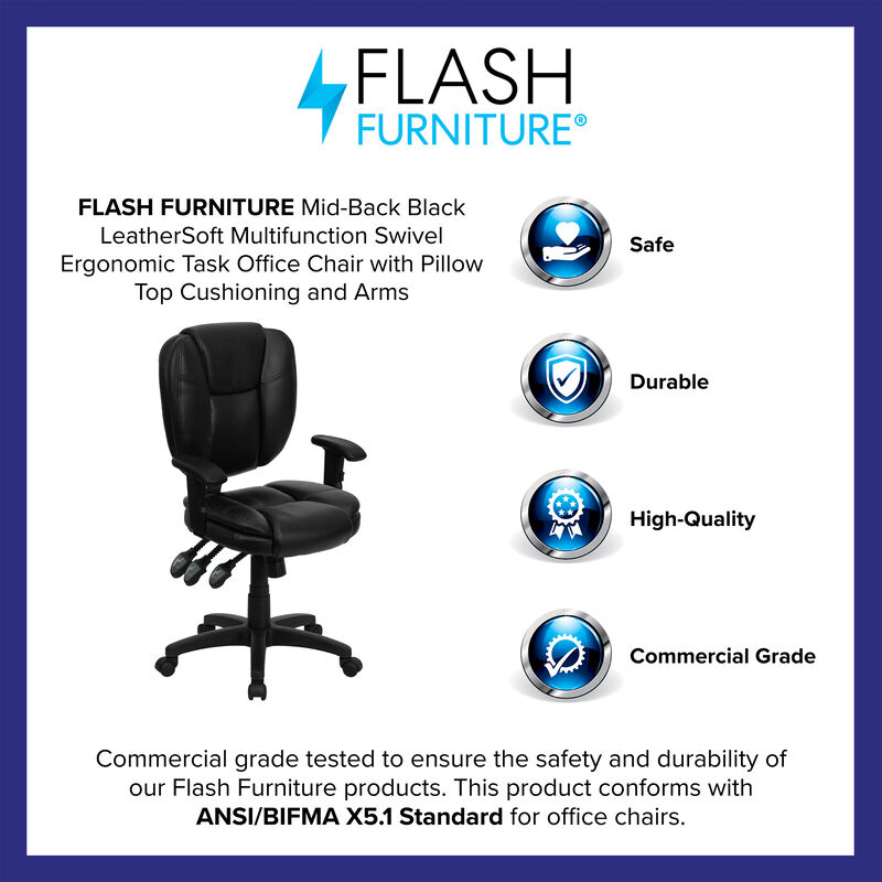 Caroline Mid-Back Fabric Multifunction Swivel Ergonomic Task Office Chair with Pillow Top Cushioning and Arms
