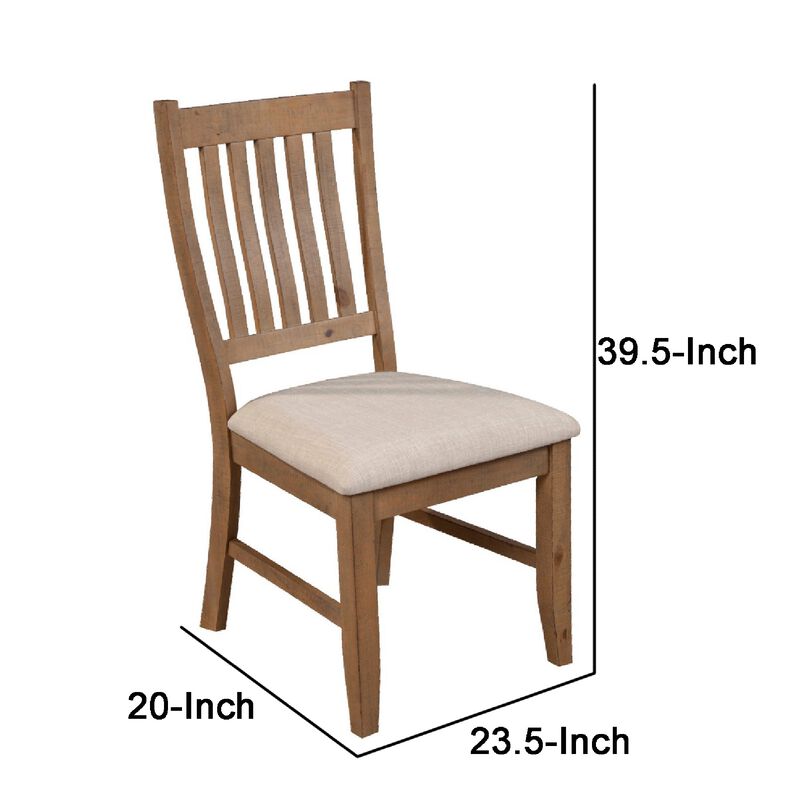 Tess 24 Inch Set of 2 Dining Side Chair, Slatted Back, Beige Cushion, Brown - Benzara