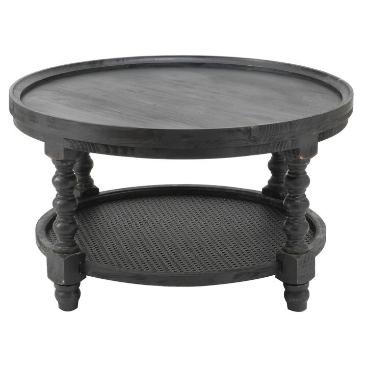 Jake 30 Inch Coffee Table, Fir Wood, Lower Tier Woven Wicker Shelf, Black-Benzara