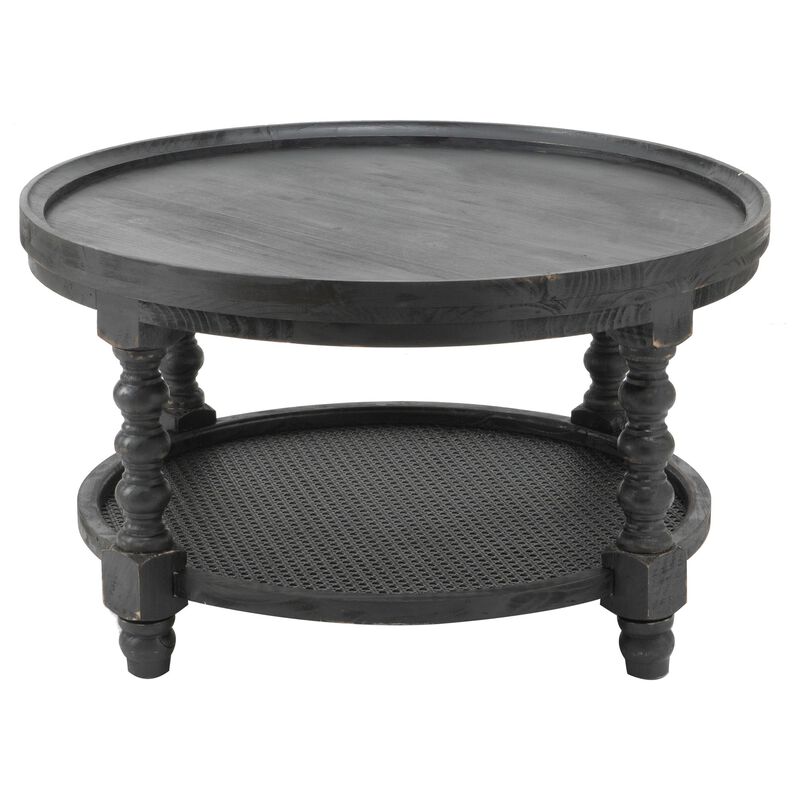 Jake 30 Inch Coffee Table, Fir Wood, Lower Tier Woven Wicker Shelf, Black-Benzara