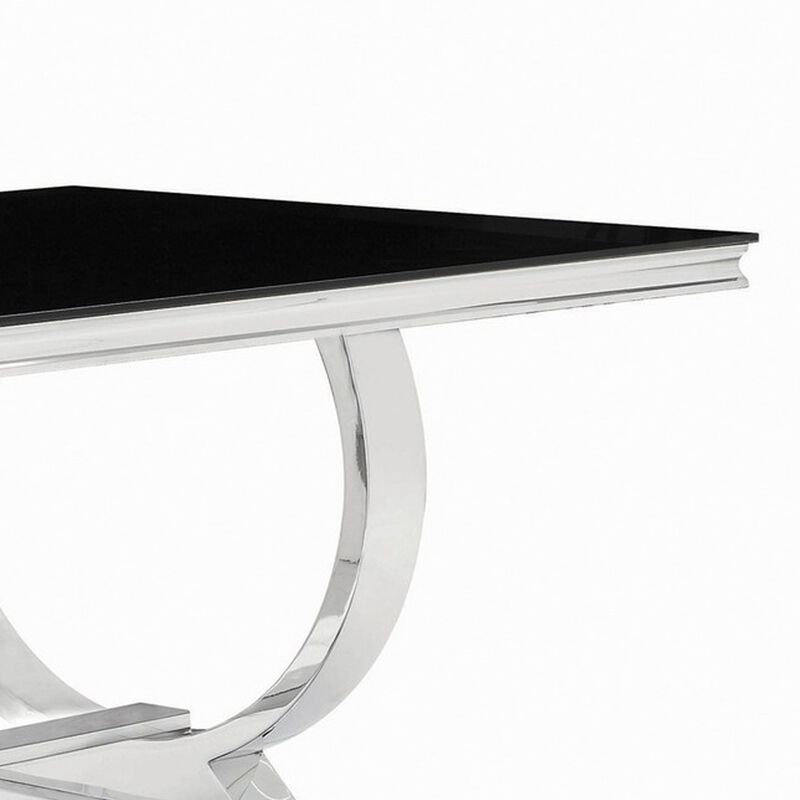 Dining Table with Glass Top and Trestle Base, Black and Chrome - Benzara