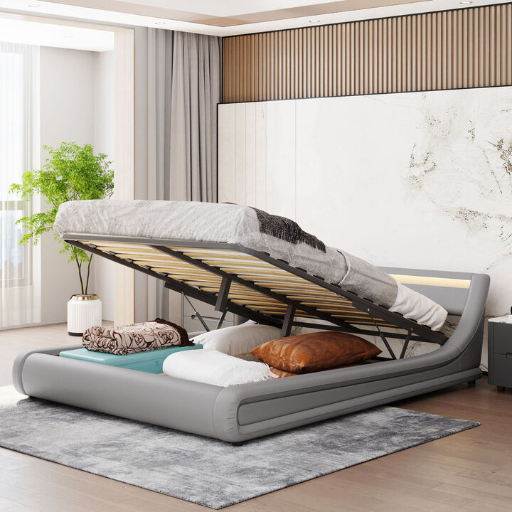 Upholstered PU Leather Platform Bed With A Hydraulic Storage System With LED Light Headboard