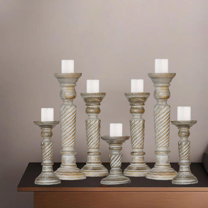 Traditional Gray Wash Eco-friendly Handmade Mango Wood Set Of Seven 15",12",9",6",9",12" & 15" Pillar Candle Holder BBH